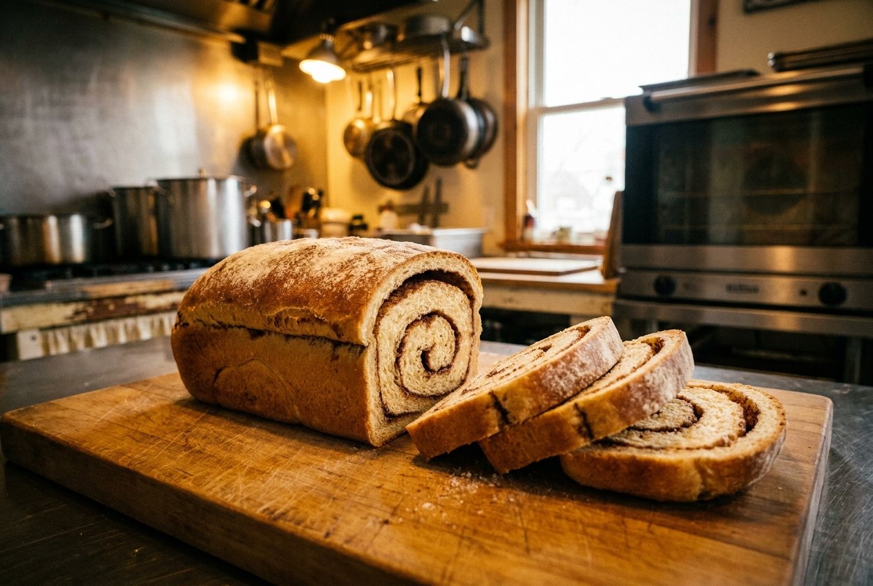 Thick slices cut from a loaf of cinnamon swirl bread, the swirl visible