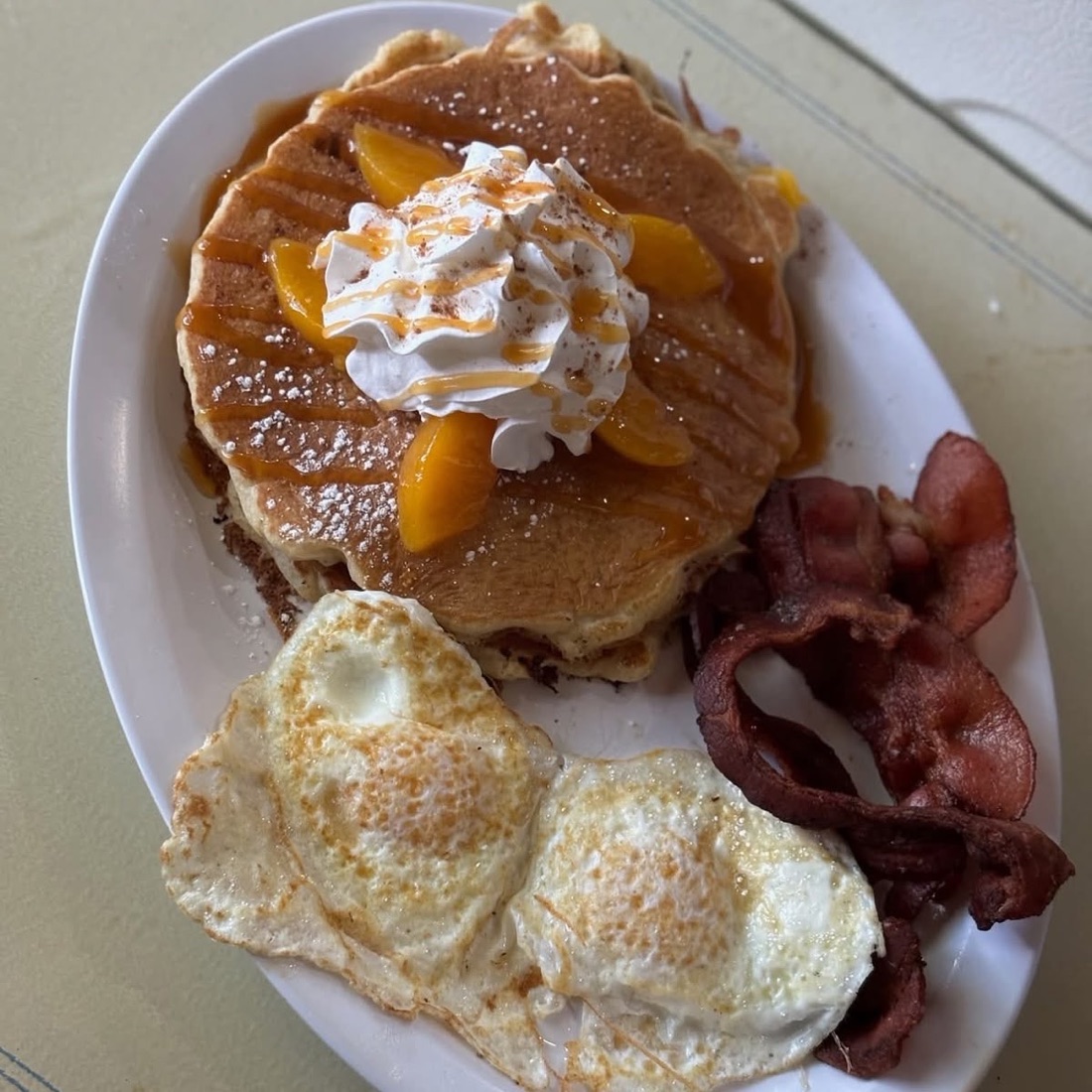 Peach cobbler pancakes at Three Bear's Cafe