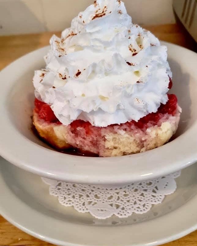Strawberry shortcake at Three Bear's Cafe, piled with whipped cream